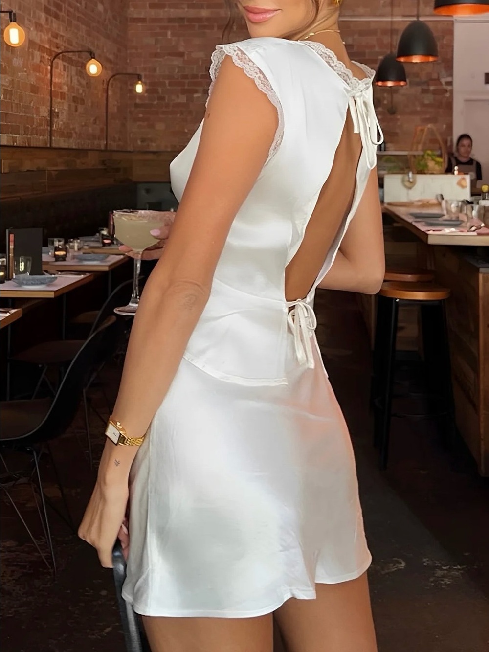 Commense Set White Satin Lace Trim Top and Mini Skirt Small NWT